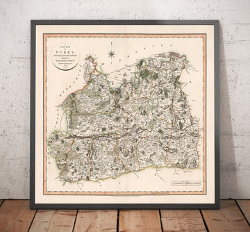 Ancienne carte du Surrey en 1801 par John Cary - Guildford, Haslemere, Streatham, Reigate, Dorking