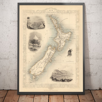 Vecchia mappa della Nuova Zelanda del 1851 di Tallis e Rapkin - Auckland, Tauranga, Christchurch, Wellington, New Plymouth 
