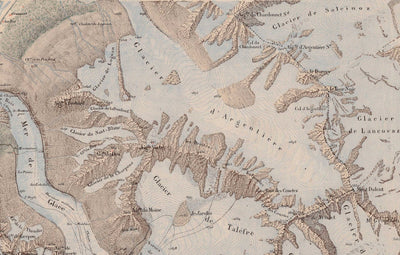 Alte Karte des Mont-Blanc-Massivs im Jahr 1865 von Jean-Joseph Mieulet - Chamonix, Entreves, Les Houches, Saint-Nicolas de Veroce, die Alpen