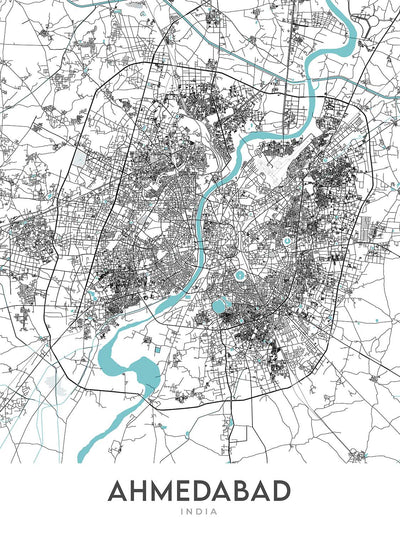Mapa moderno de la ciudad de Ahmedabad, Gujarat: río Sabarmati, lago Kankaria, CG Road, SG Highway, Vastrapur