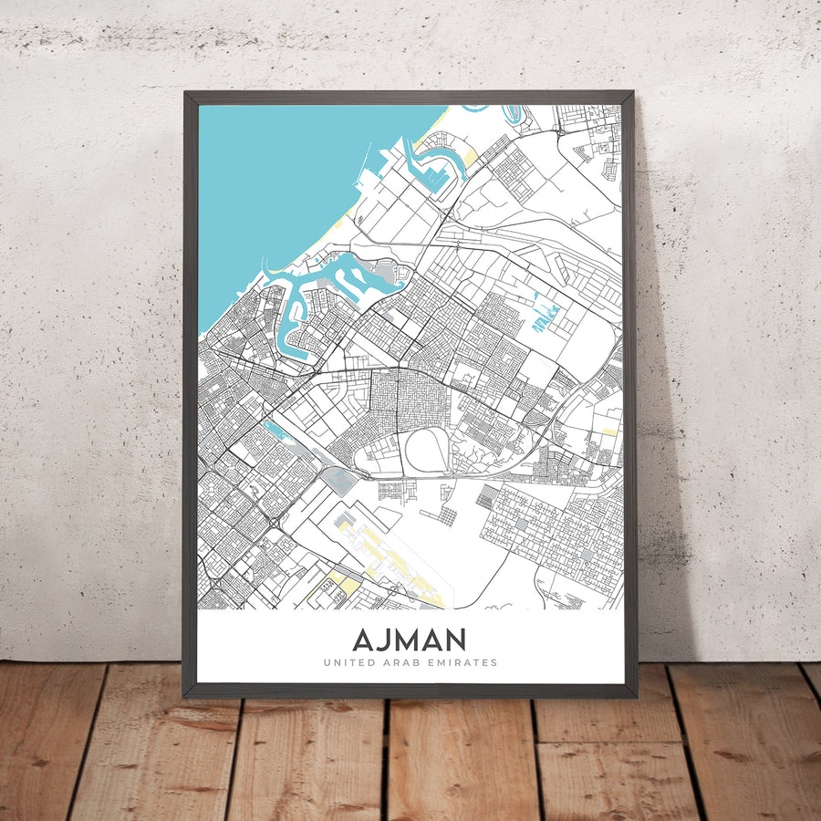 Modern City Map of Ajman, UAE: Al Nuaimiya, Al Rawda, Al Zahra, Bin Zayed St, Bin Humaid St
