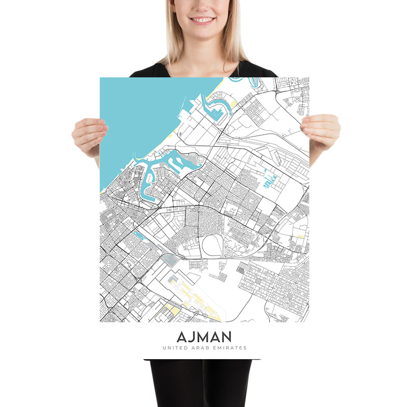 Modern City Map of Ajman, UAE: Al Nuaimiya, Al Rawda, Al Zahra, Bin Zayed St, Bin Humaid St