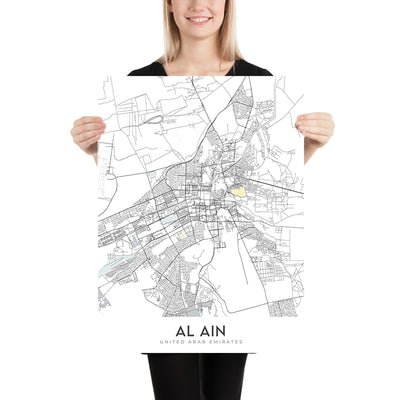 Mapa moderno de la ciudad de Al Ain, Emiratos Árabes Unidos: Oasis de Al Ain, Zoológico de Al Ain, Museo Nacional de Al Ain, Calle Sheikh Khalifa Bin Zayed, Calle Sheikh Zayed Bin Sultan