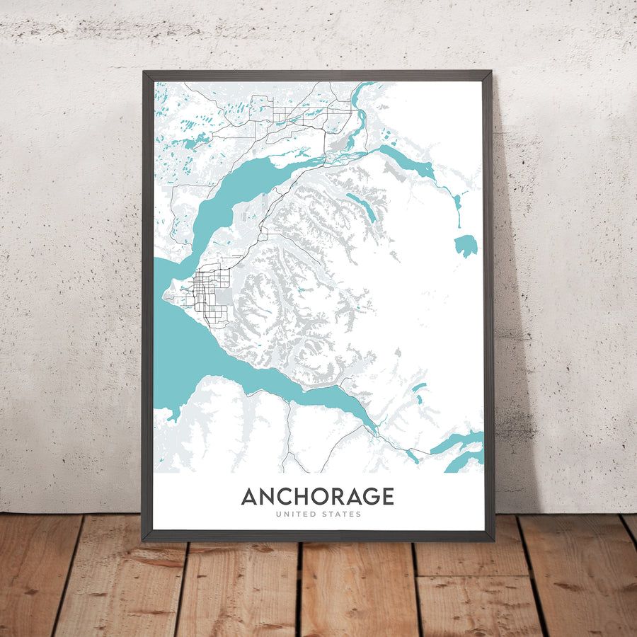Mappa della città moderna di Anchorage, AK: Centro, Aeroporto, Porto, Montagne, Parchi 