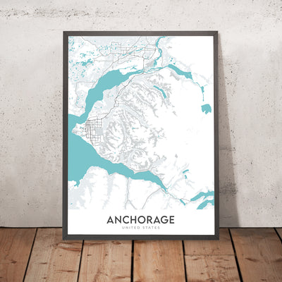 Plan de la ville moderne d'Anchorage, AK : centre-ville, aéroport, port, montagnes, parcs