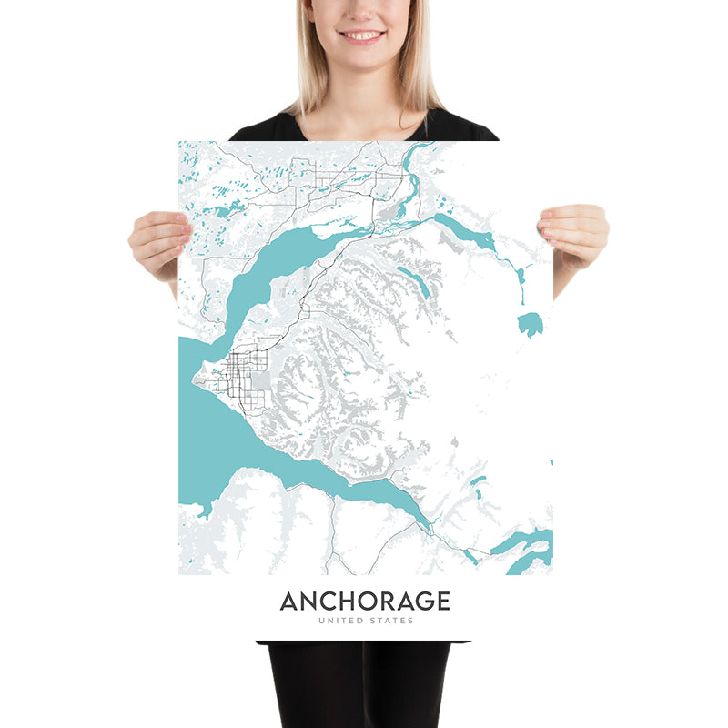 Mappa della città moderna di Anchorage, AK: Centro, Aeroporto, Porto, Montagne, Parchi 
