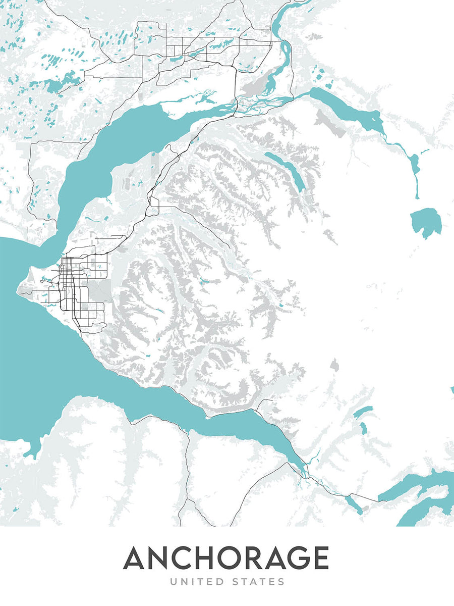Mappa della città moderna di Anchorage, AK: Centro, Aeroporto, Porto, Montagne, Parchi 
