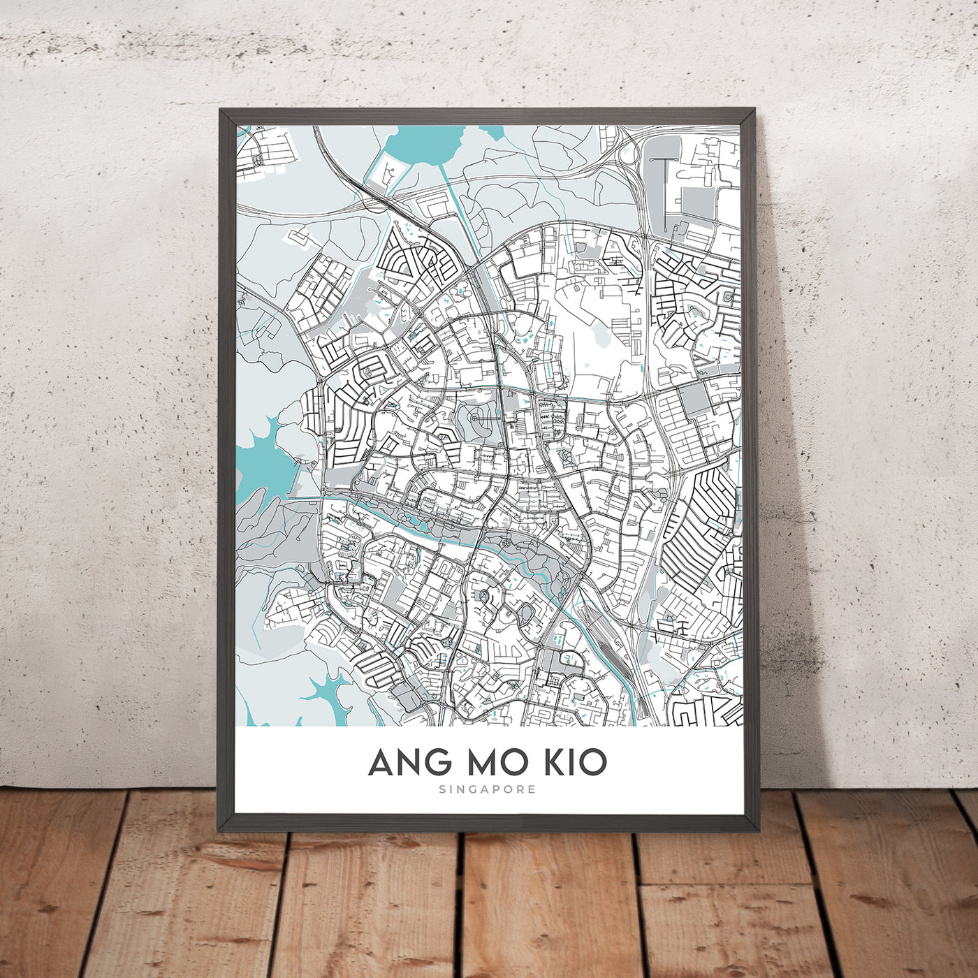 Plan de la ville moderne d'Ang Mo Kio, Singapour : parc Bishan-Ang Mo Kio, réservoir Lower Peirce, hub AMK, chemin Yio Chu Kang, avenue Ang Mo Kio 3