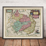 Ancienne carte de l'Anglia et du Schwansen par Joan Blaeu, 1665 : Flensburg, Schleswig, Glücksburg, Kappeln, Süderbrarup, mer Baltique, fjords