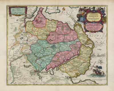 Old Map of Anglia and Schwansen by Joan Blaeu, 1665: Flensburg, Schleswig, Glücksburg, Kappeln, Süderbrarup, Baltic Sea, Fjords