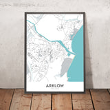 Moderne Stadtkarte von Arklow, Irland: Schloss, Hafen, Leuchtturm, Avoca-Minen, Ballyarthur House 