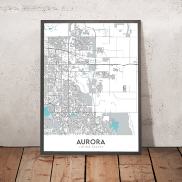 Mappa della città moderna di Aurora, CO: Aurora Hills, Cherry Creek, Fitzsimons, I-225, Buckley AFB 