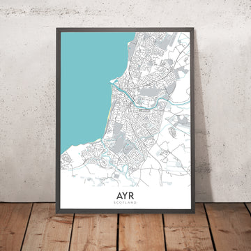 Mappa moderna della città di Ayr, Scozia: Centro città, Spiaggia di Ayr, Fiume Ayr, A77, Ippodromo 