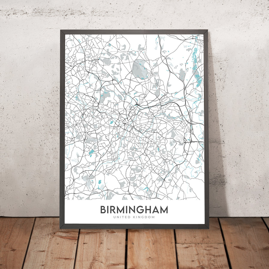 Carte de la ville moderne de Birmingham, Royaume-Uni : Bournville, Moseley, Harborne, Sutton Coldfield, Centre-ville 