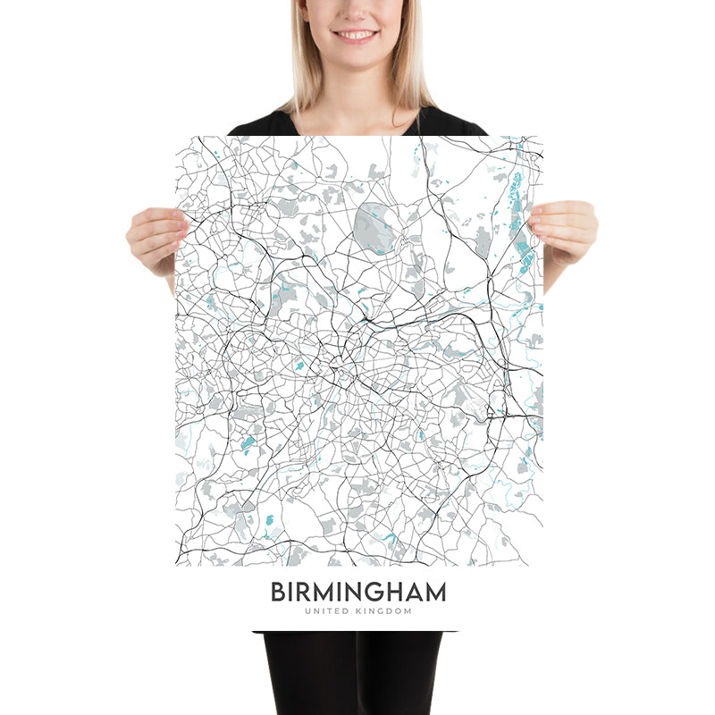 Carte de la ville moderne de Birmingham, Royaume-Uni : Bournville, Moseley, Harborne, Sutton Coldfield, Centre-ville 