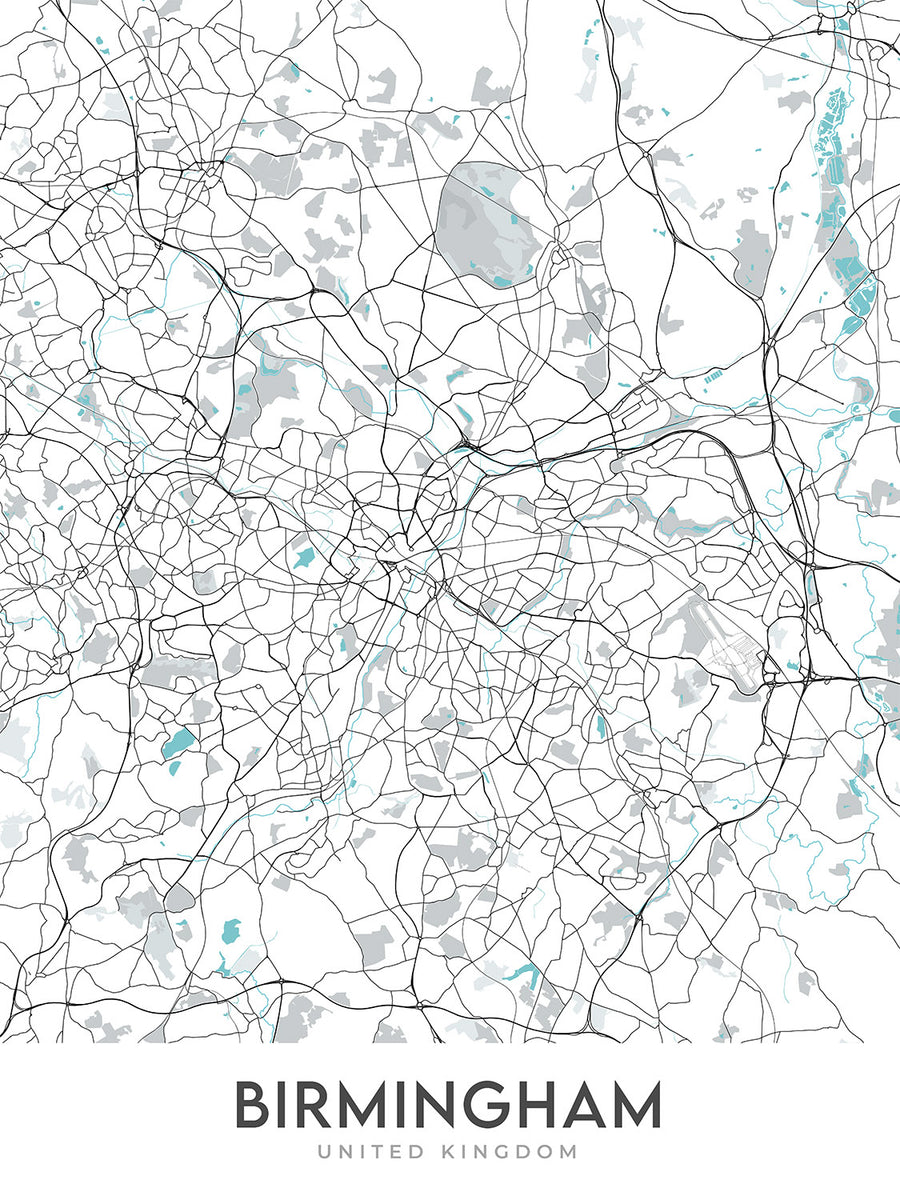 Carte de la ville moderne de Birmingham, Royaume-Uni : Bournville, Moseley, Harborne, Sutton Coldfield, Centre-ville 