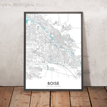 Mapa moderno de la ciudad de Boise, ID: Centro, Universidad Estatal de Boise, Capitolio del Estado de Idaho, Hyde Park, Río Boise