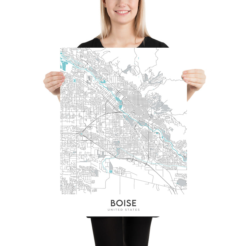 Modern City Map of Boise, ID: Downtown, Boise State University, Idaho State Capitol, Hyde Park, Boise River