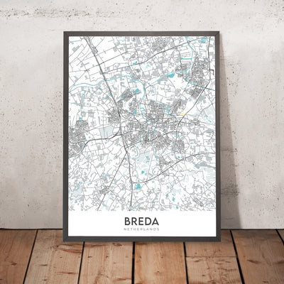 Mapa moderno de la ciudad de Breda, Países Bajos: Grote Kerk, Kasteel van Breda, Stedelijk Museum Breda, A16, A27