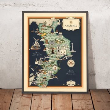 Old Pictorial Map of Calabria by De Agostini, 1938: Cosenza, Catanzaro, Reggio di Calabria, Pollino NP, Sila NP