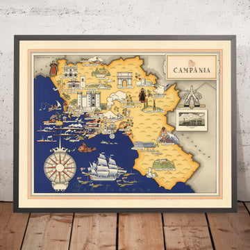 Old Pictorial Map of Campania by De Agostini, 1938: Pompeii, Herculaneum, Amalfi Coast, Vesuvius, Cilento & Vallo di Diano