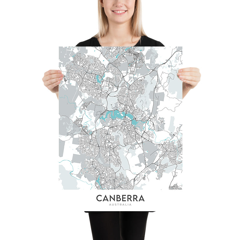 Moderner Stadtplan von Canberra, Australien: Kriegsdenkmal, Nationalgalerie, Lake Burley Griffin, Civic, Parkes Way