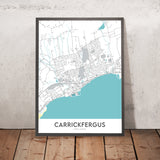 Mappa moderna della città di Carrickfergus, Irlanda del Nord: Castello di Carrickfergus, Belfast Lough, A2, Eden, Woodburn 