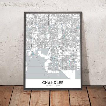 Plan de la ville moderne de Chandler, Arizona : centre-ville, Ocotillo, AZ-101, AZ-202, Chandler Fashion Center