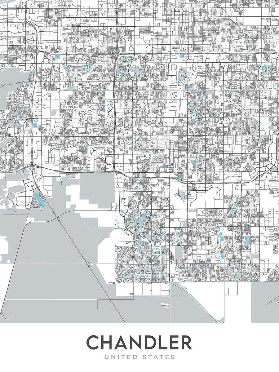 Modern City Map of Chandler, AZ: Downtown, Ocotillo, AZ-101, AZ-202, Chandler Fashion Center