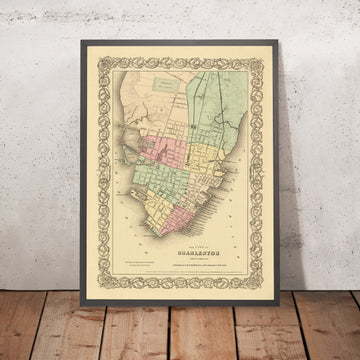 Vecchia mappa di Charleston di Colton, 1855: Washington Race Course, Arsenal, Batteria, Docks, Stagni 