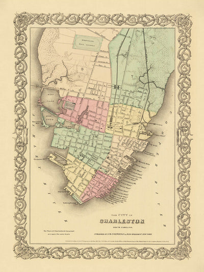 Alte Karte von Charleston von Colton, 1855: Washington Race Course, Arsenal, Batterie, Docks, Teiche