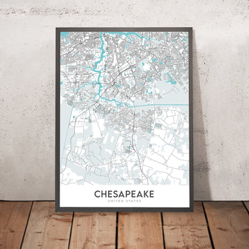 Mappa della città moderna di Chesapeake, VA: Chesapeake Bay, Norfolk, Grande palude desolata, I-64 