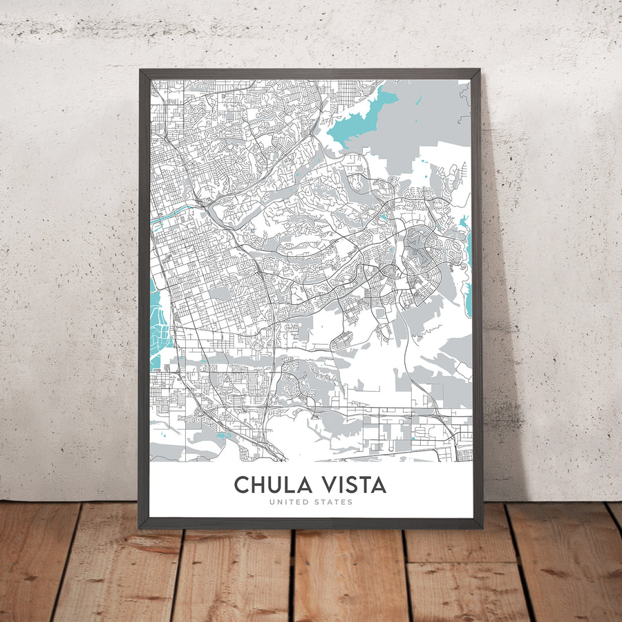 Mappa della città moderna di Chula Vista, CA: Castle Park, Eastlake, Interstatale 5, Interstatale 805, Baia di San Diego 