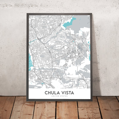 Plan de la ville moderne de Chula Vista, Californie : Castle Park, Eastlake, Interstate 5, Interstate 805, baie de San Diego