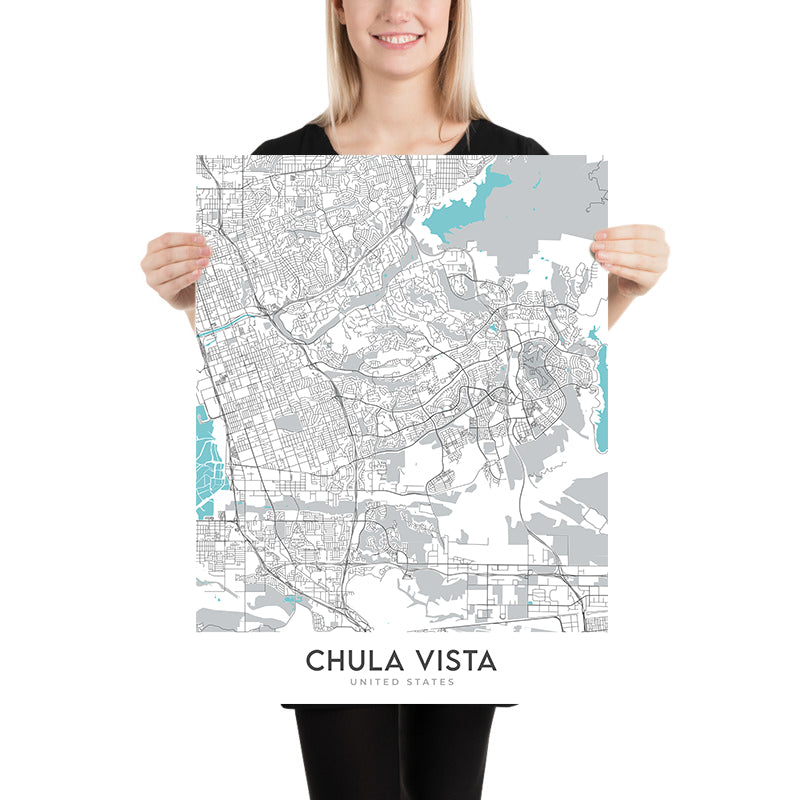 Mappa della città moderna di Chula Vista, CA: Castle Park, Eastlake, Interstatale 5, Interstatale 805, Baia di San Diego 