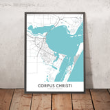 Moderne Stadtkarte von Corpus Christi, TX: Innenstadt, USS Lexington, Selena Museum, Padre Island, Mustang Island 