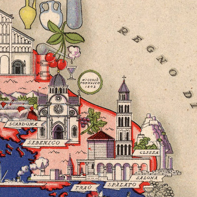 Ancienne carte de la Dalmazie par De Agostini, 1938 : Split, Zara, Sebenico, Ragusa, Cattaro