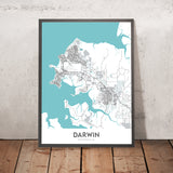Plan de la ville moderne de Darwin, NT : ville de Darwin, autoroute Stuart, plage de Mindil, front de mer de Darwin, jardins botaniques de Darwin