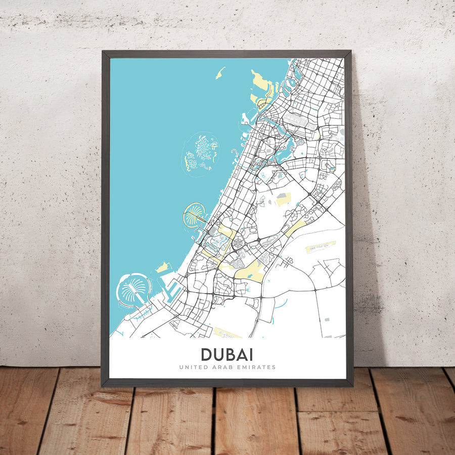 Carte moderne de la ville de Dubaï, Émirats Arabes Unis : Burj Khalifa, Palm Jumeirah, Centre-ville, Marina 
