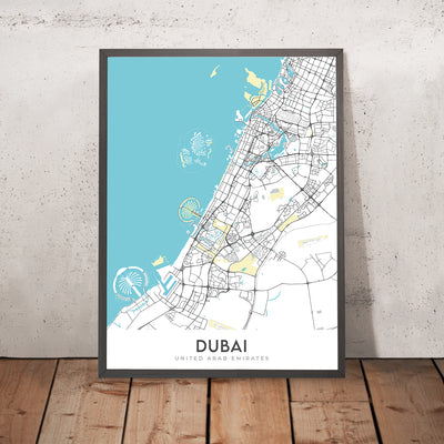 Mapa moderno de la ciudad de Dubai, Emiratos Árabes Unidos: Burj Khalifa, Palm Jumeirah, centro de Dubai, Dubai Marina, Jumeirah