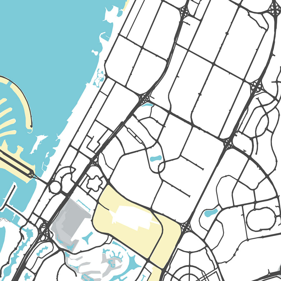 Carte moderne de la ville de Dubaï, Émirats Arabes Unis : Burj Khalifa, Palm Jumeirah, Centre-ville, Marina 