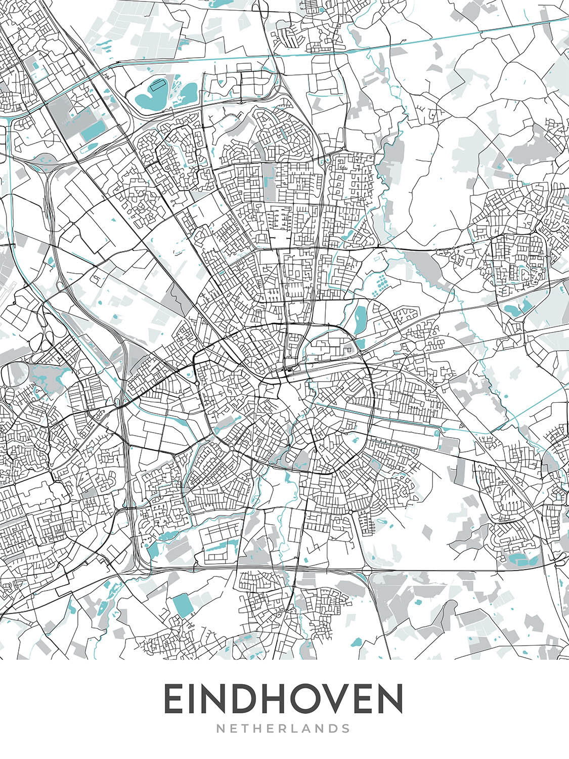Modern City Map of Eindhoven, Netherlands: Centrum, Philips Stadion, A2, A67, Tongelre