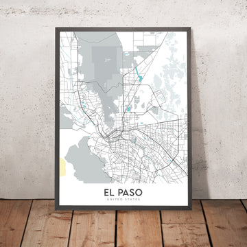 Mapa moderno de la ciudad de El Paso, TX: centro, UTEP, montañas Franklin, I-10, US-54
