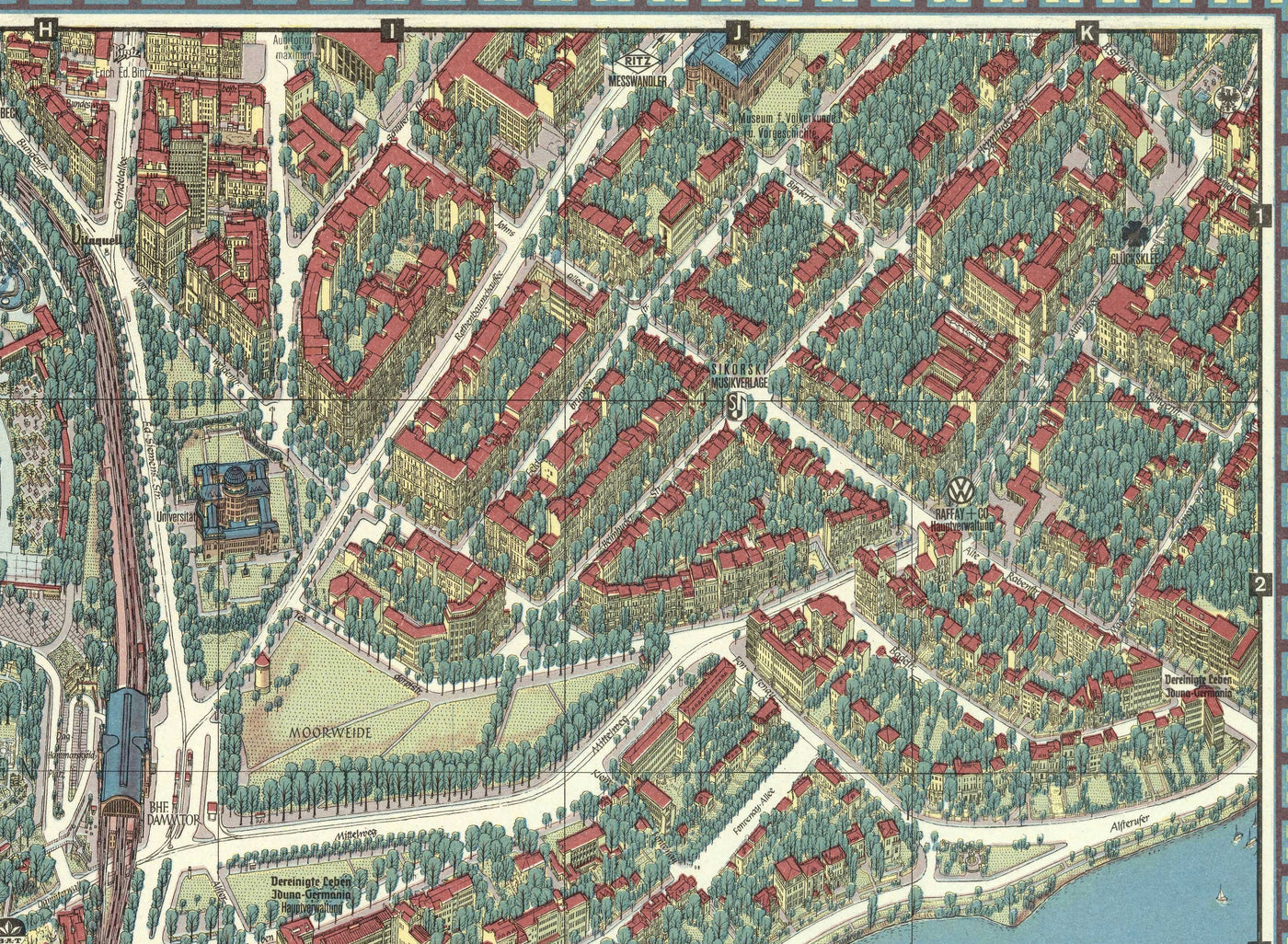 Mapa antiguo de Hamburgo en 1964 por Hermann Bollman - Binnenalster, Alster Lakes, Heiligengeistfeld, Planten un Blomen, Central Station