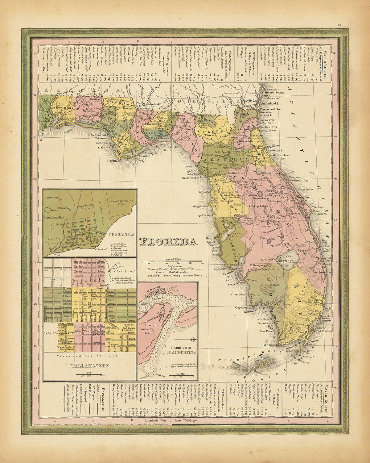 Ancienne carte de la Floride par H.S. Tanner, 1839 : Miami, Tampa, Orlando, St. Petersburg, Jacksonville, Cayo Lago, Keys