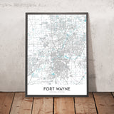 Plan de la ville moderne de Fort Wayne, IN : centre-ville, IPFW, Parkview, Coliseum Blvd, St Rd 9