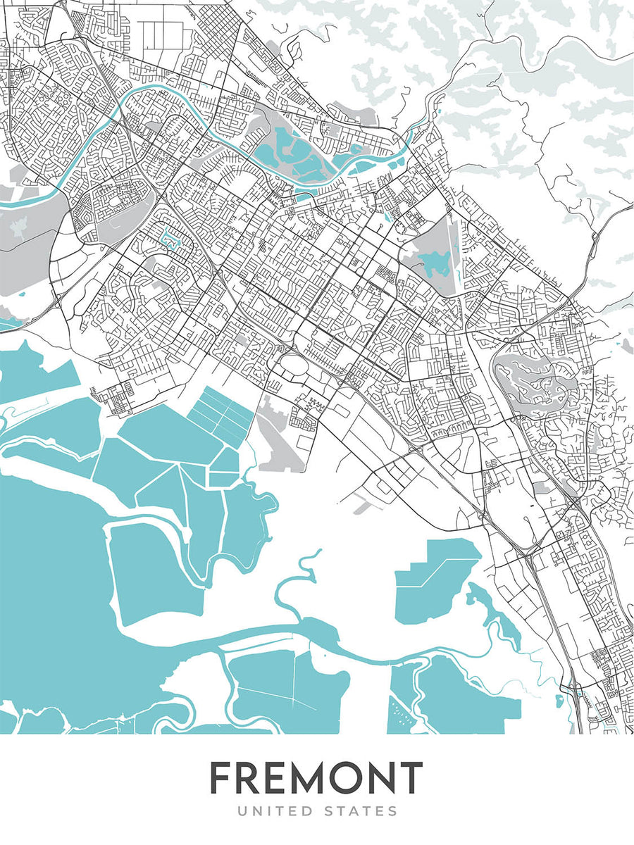 Mappa della città moderna di Fremont, CA: Ardenwood, Mission San Jose, Ferrovia Niles Canyon, Fabbrica Tesla, Warm Springs 