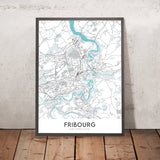 Mappa della città moderna di Friburgo, Svizzera: Altstadt, Cattedrale di San Pietro, Jet d'Eau, Palazzo delle Nazioni, Parco delle Eaux-Vives 