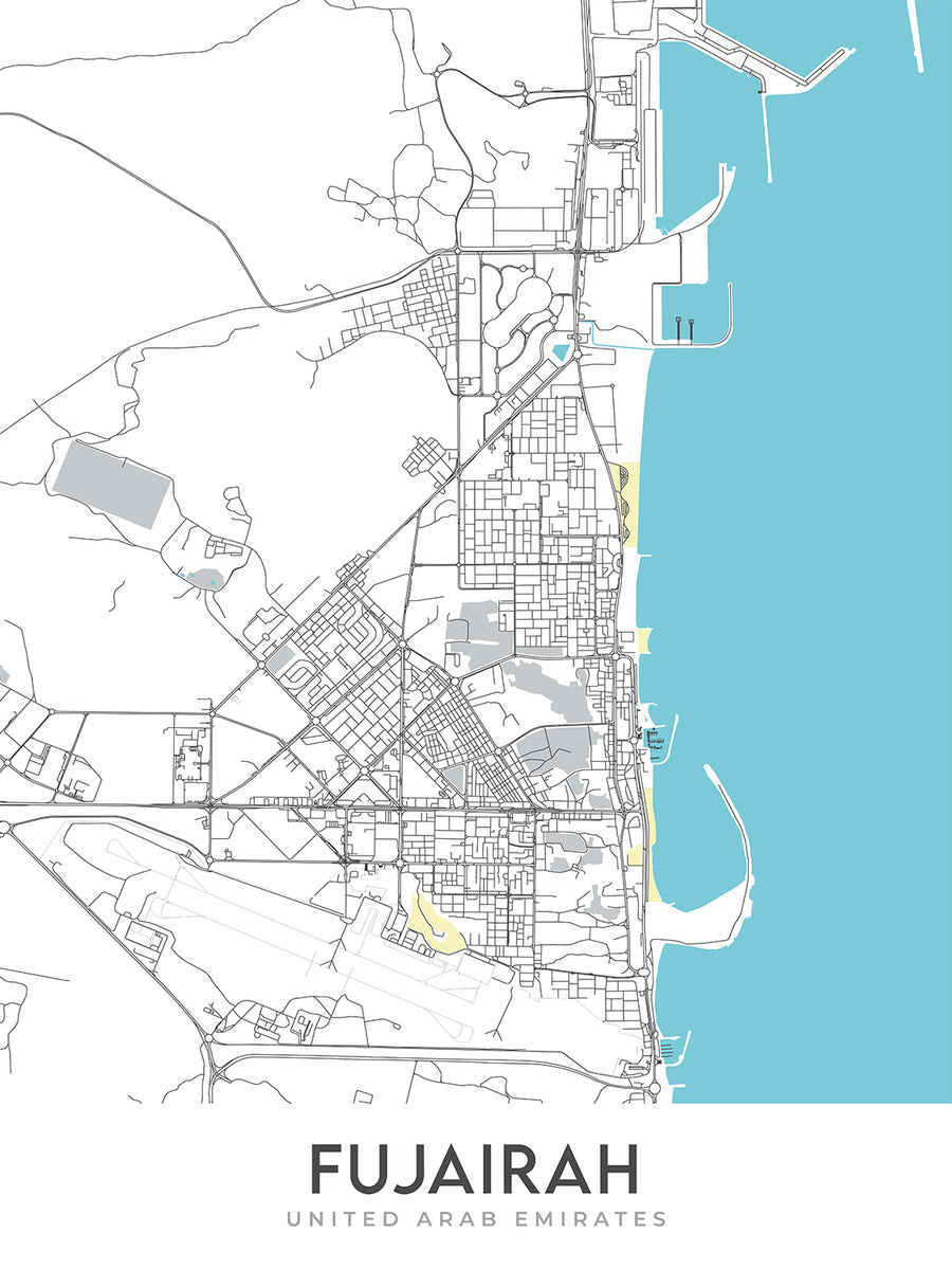 Plan de la ville moderne de Fujairah, Émirats arabes unis : forts, musées et littoral