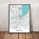 Mapa moderno de la ciudad de Ginebra, Suiza: Jet d'Eau, Palacio de las Naciones, CERN, lago de Ginebra, casco antiguo